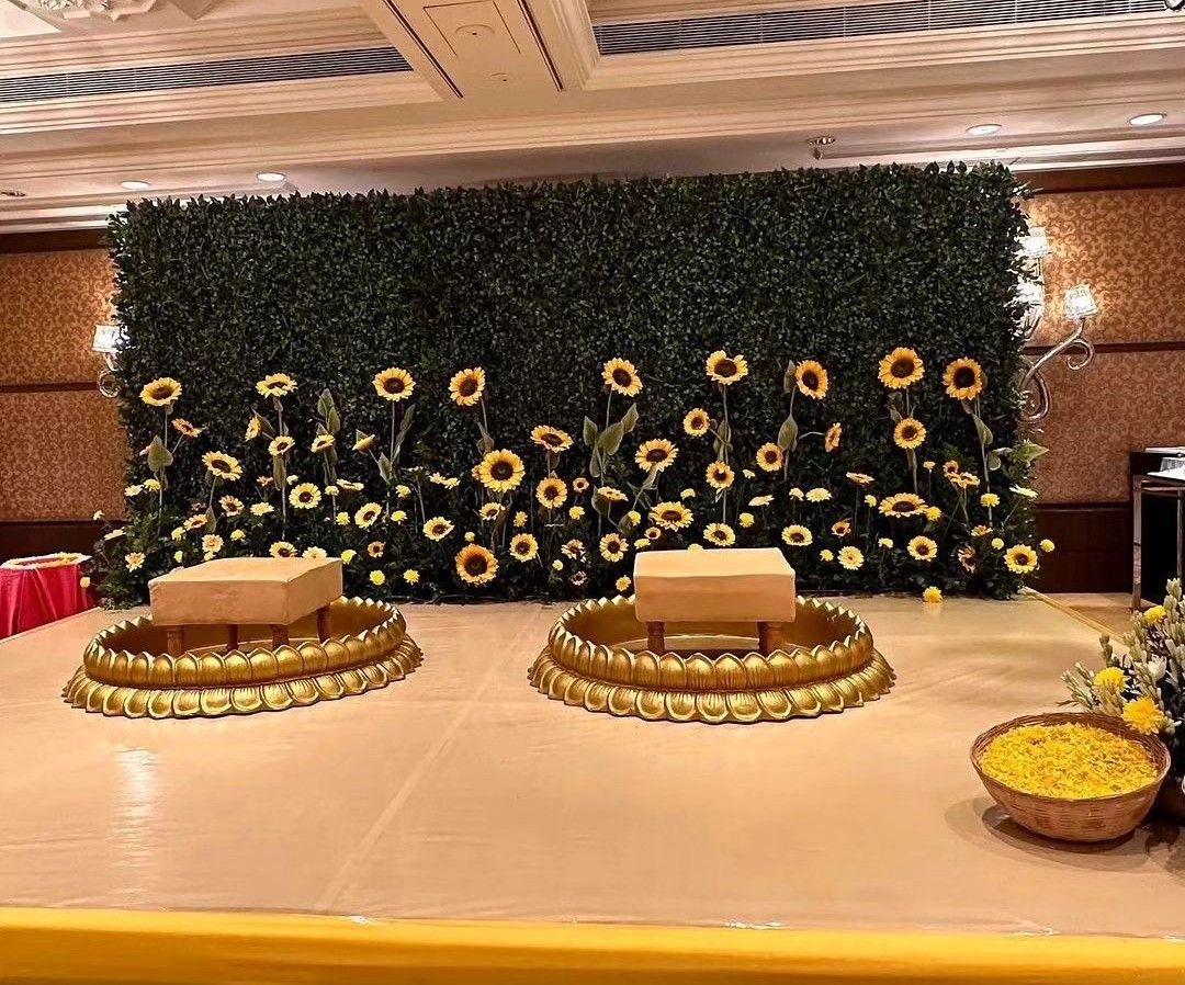 Sunflower Grass Wall Haldi Stage