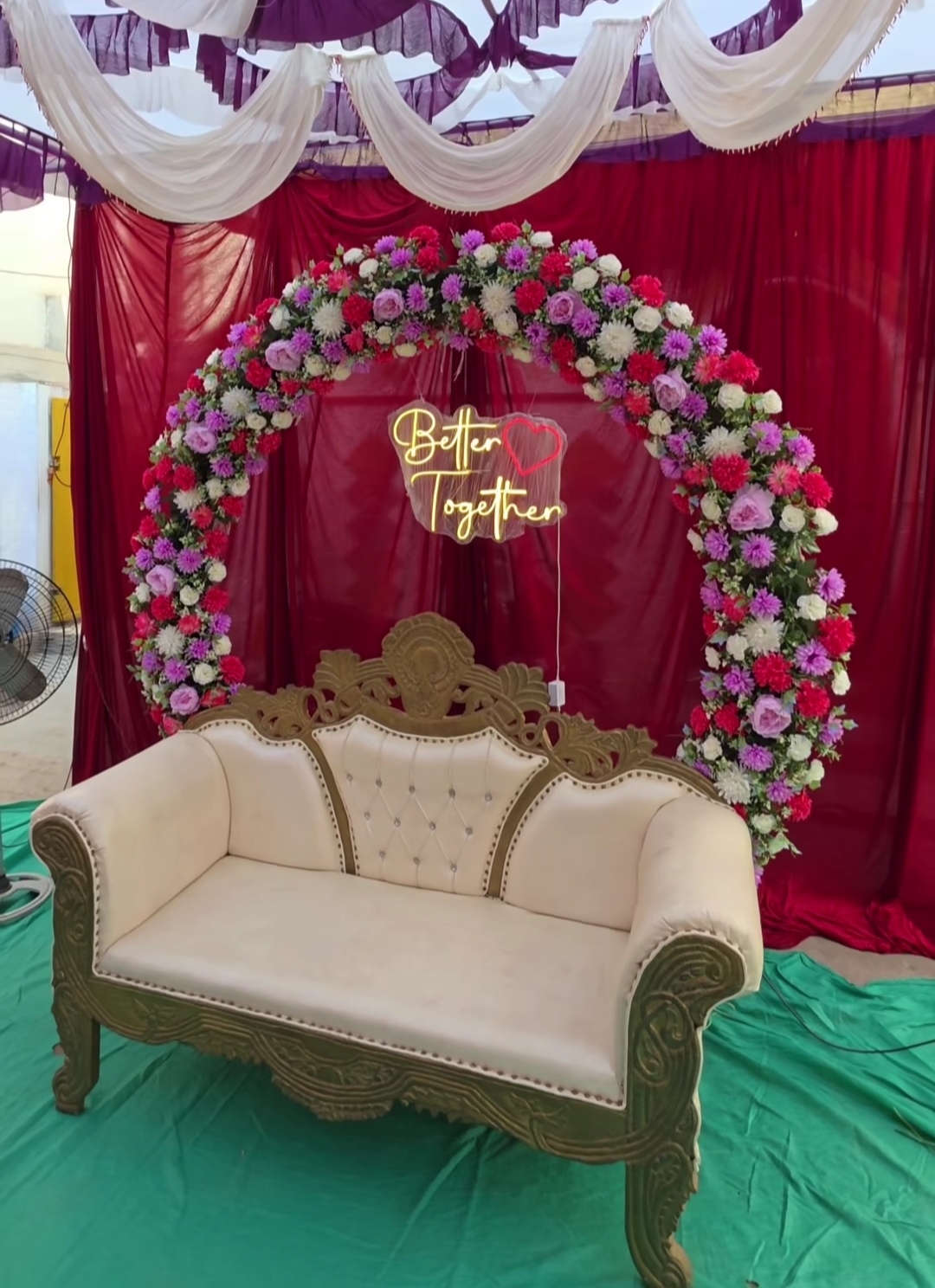Maroon Drape Floral Arch Stage